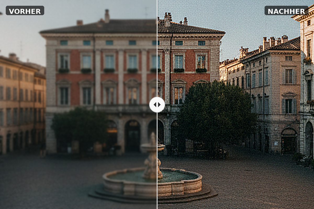 Vorher-Nachher-Vergleich: links Stadtansicht mit Sensorflecken und Passant, rechts bereinigtes Bild