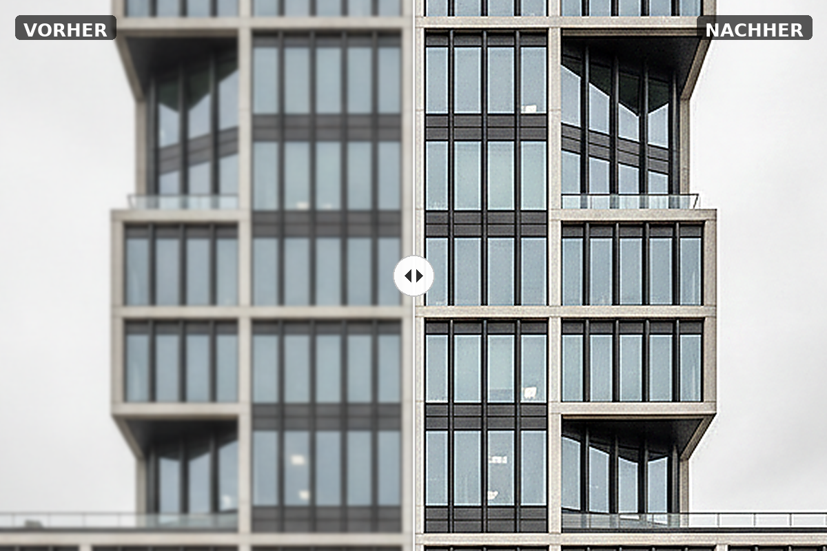 Vorher/Nachher-Vergleich: Architekturfassade mit Halo-Säumen links, saubere Kanten nach Halo-Reduktion rechts