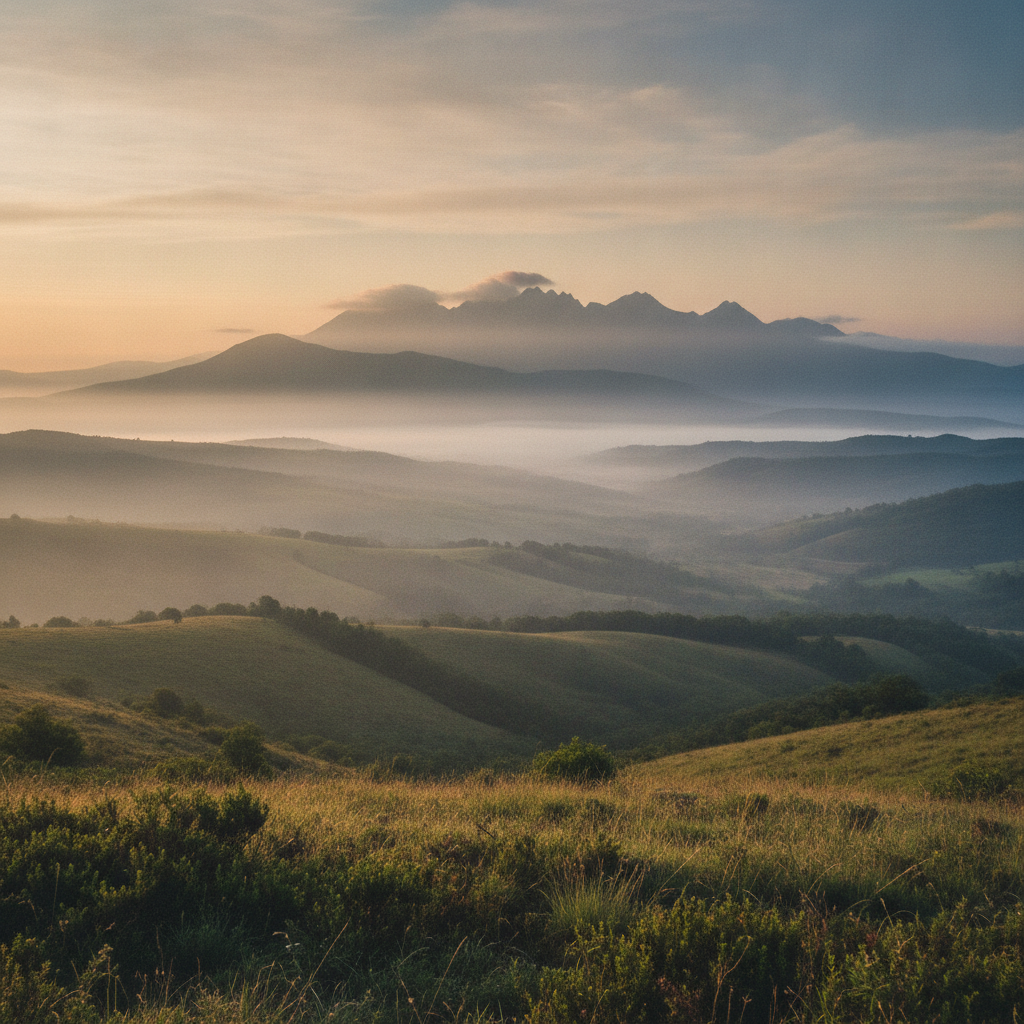 Diesige Morgenlandschaft mit Fernsicht – Ausgangsbild vor der Dunstkorrektur
