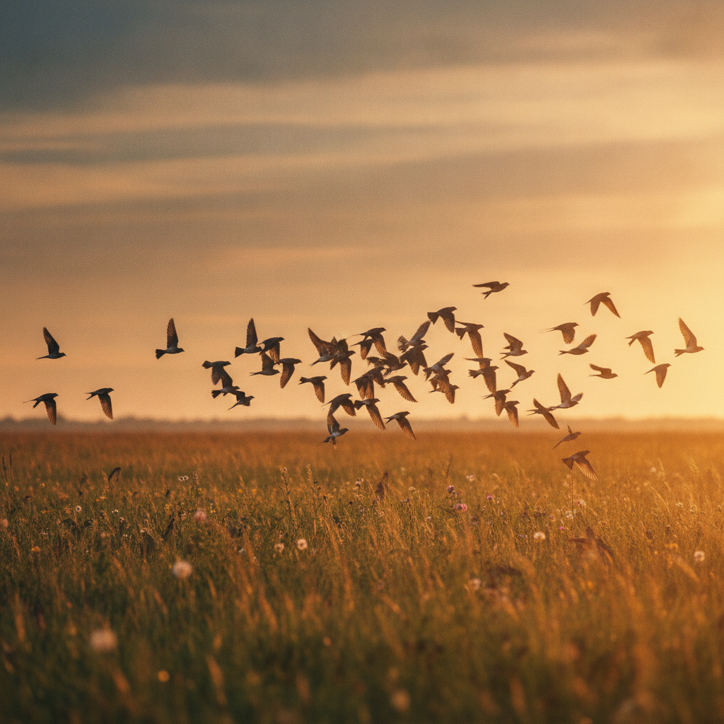 Wildvögel im Flug über eine Wiese, leicht verwackelt, als Ausgangssituation für die Multi-direktionale Schärfe