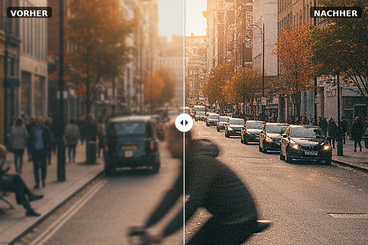 Vorher/Nachher-Vergleich: Straßenfoto mit diagonaler Verwacklung vor und nach der Korrektur in SHARPEN projects 6 Pro