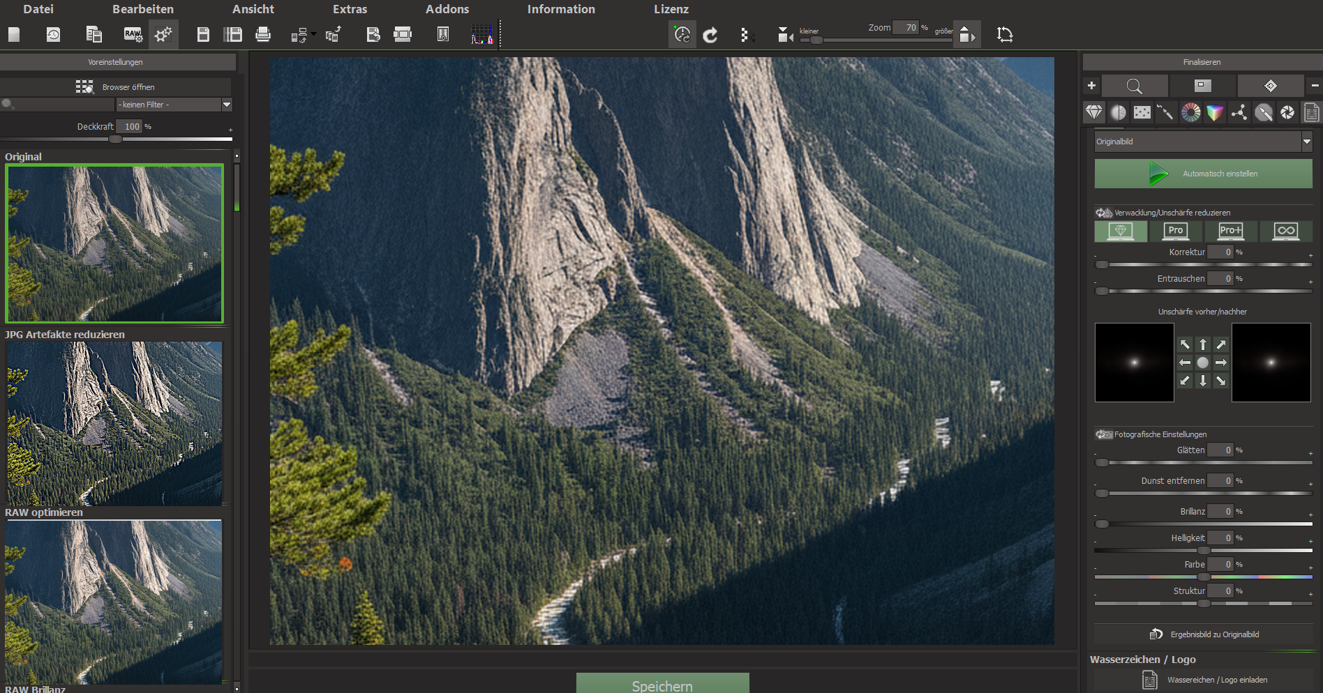 SHARPEN projects 6 Oberfläche mit Bergpanorama, Kategorie Landschaft ausgewählt und Automatik-Einstellung aktiv