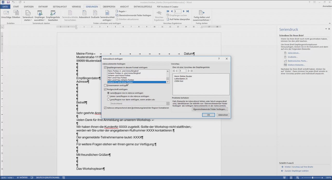 Webinarvideo: Word-Workshop: Teil 4/4 - Die Serienbrief-Funktion