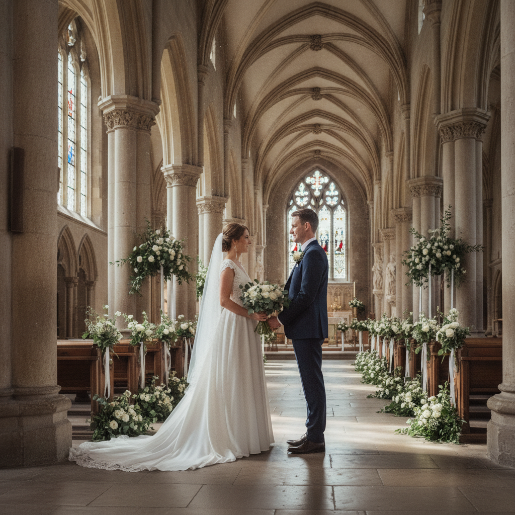 Hochzeitspaar im Kirchenschiff, natürliches Seitenlicht, Braut und Bräutigam in der Bildmitte