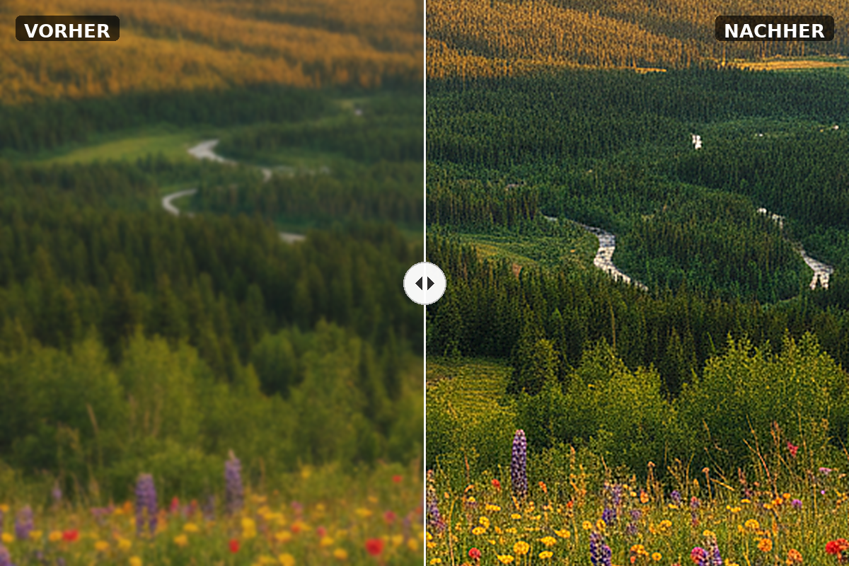 Vorher/Nachher-Vergleich: Detailausschnitt eines Landschaftsfotos vor und nach der Schärfungsbearbeitung mit SHARPEN projects 6 Pro für den Großdruck