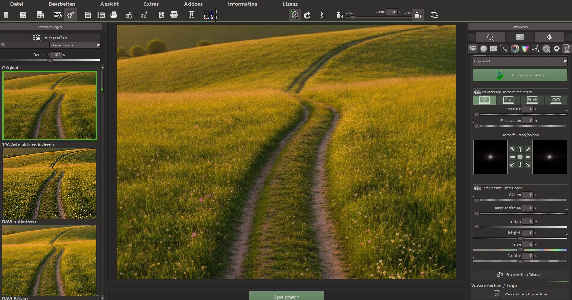 SHARPEN projects 6 Pro Oberfläche mit geöffnetem Varianten-Browser und Deckkraft-Regler