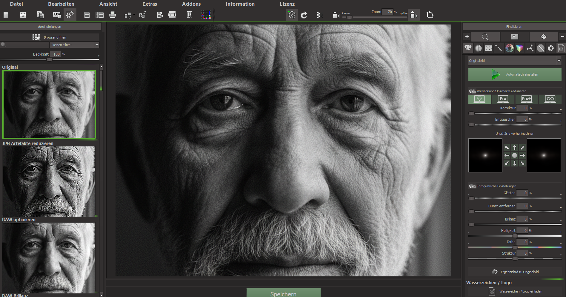 SHARPEN projects 6 Pro Oberfläche mit geöffneter Portrait-Kategorie und sichtbaren Schärfe-Reglern