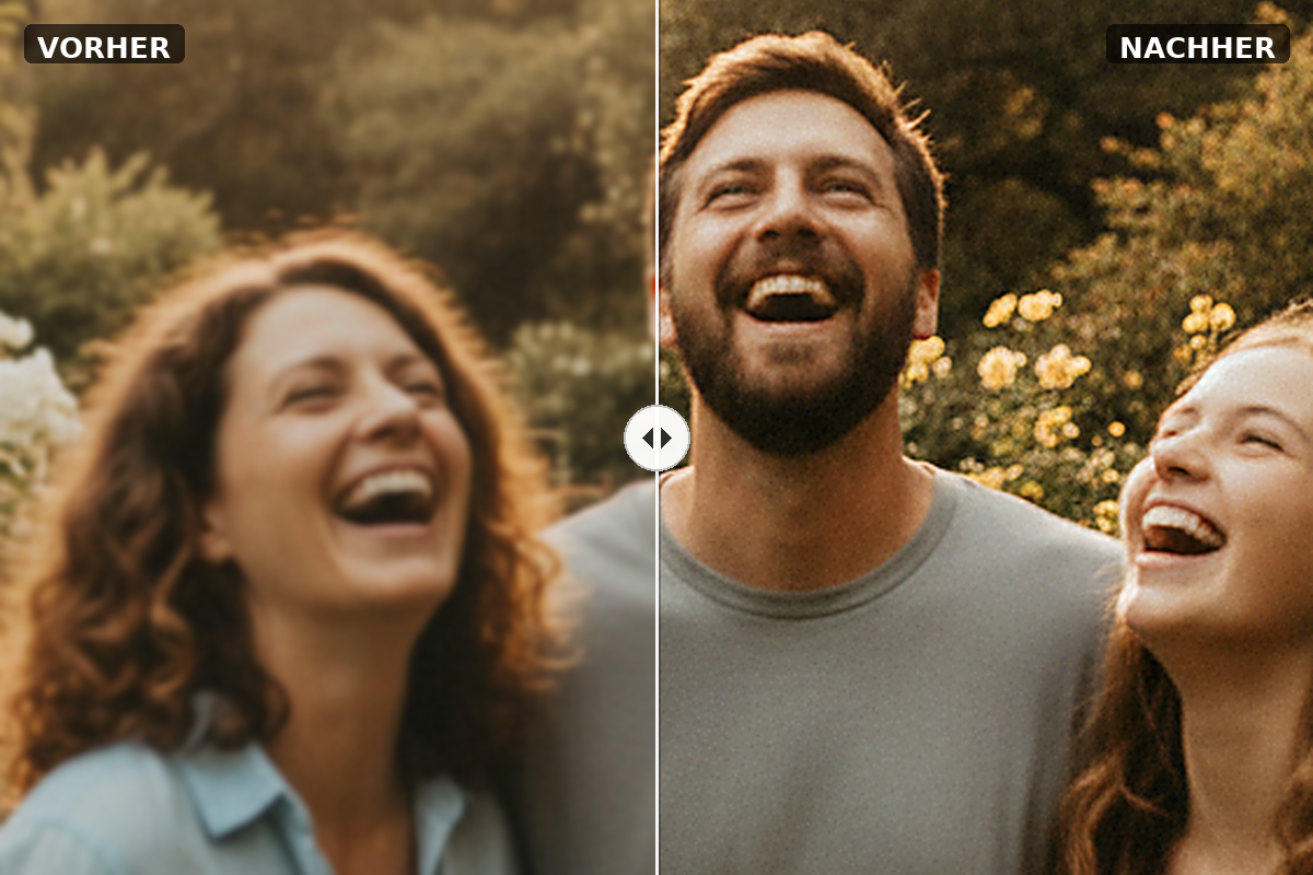 Vorher/Nachher-Vergleich: Familienfoto vom Smartphone vor und nach der Schärfung mit SHARPEN projects 6 Pro