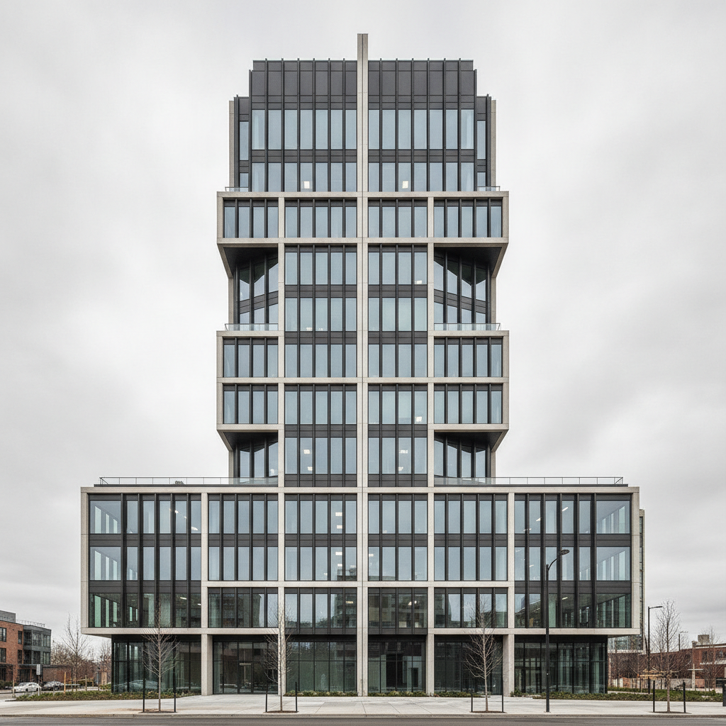 Architekturfassade mit markanten Kanten gegen hellen Himmel, Ausgangssituation vor der Schärfung