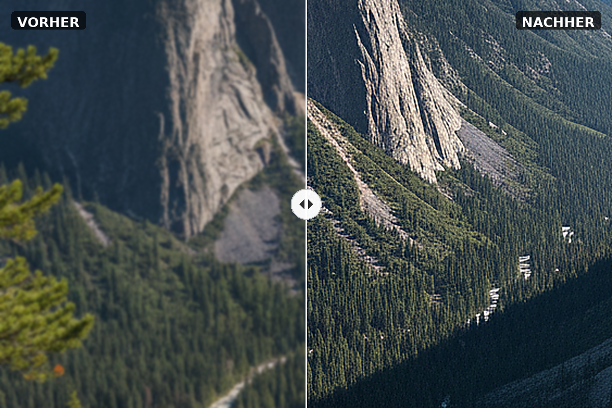 Vorher/Nachher-Vergleich eines Bergpanoramas: links flau und strukturarm, rechts mit betontem Mikrokontrast in Fels und Wald