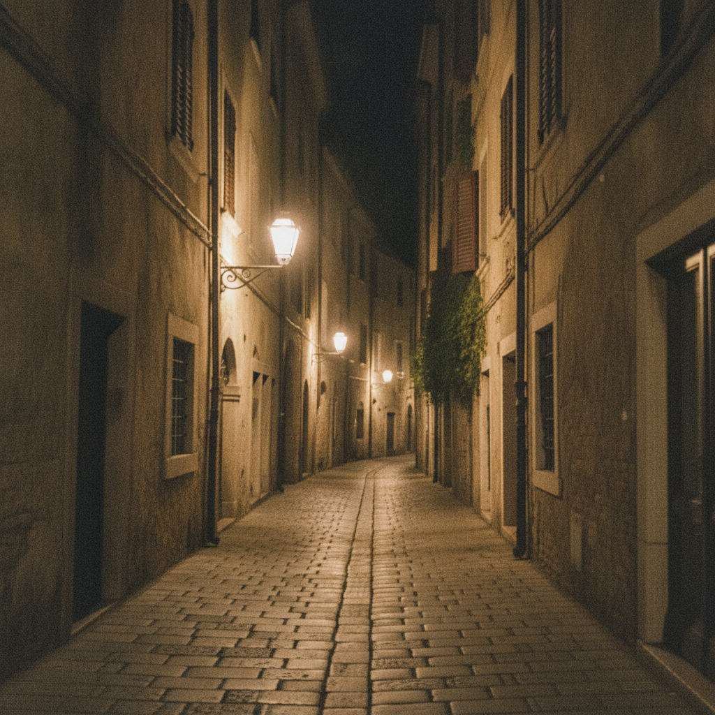 Rauschiges High-ISO-Nachtfoto einer Altstadtgasse als Ausgangsbeispiel