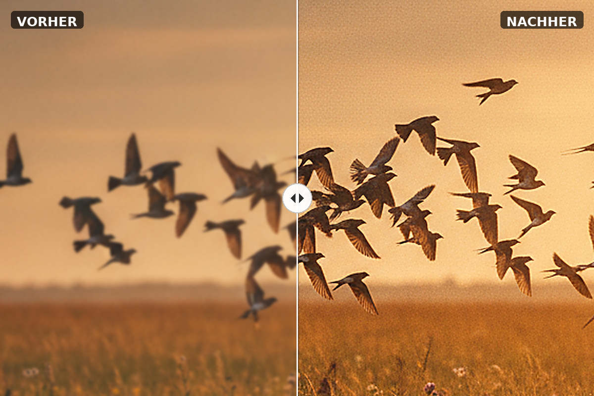 Vorher/Nachher-Vergleich eines Vogelfotos: links mit allgemeiner Unschärfe, rechts nach Multi-direktionaler Schärfe Stufe 2 mit Supersampling 2-fach
