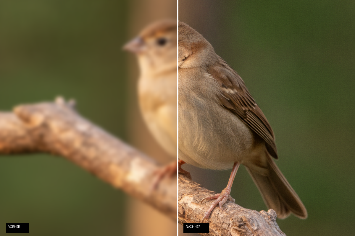 Vorher/Nachher-Vergleich: Vogelfoto mit verwackeltem Gefieder links, deutlich geschärftes Ergebnis mit sichtbaren Federstrukturen und klarem Auge rechts