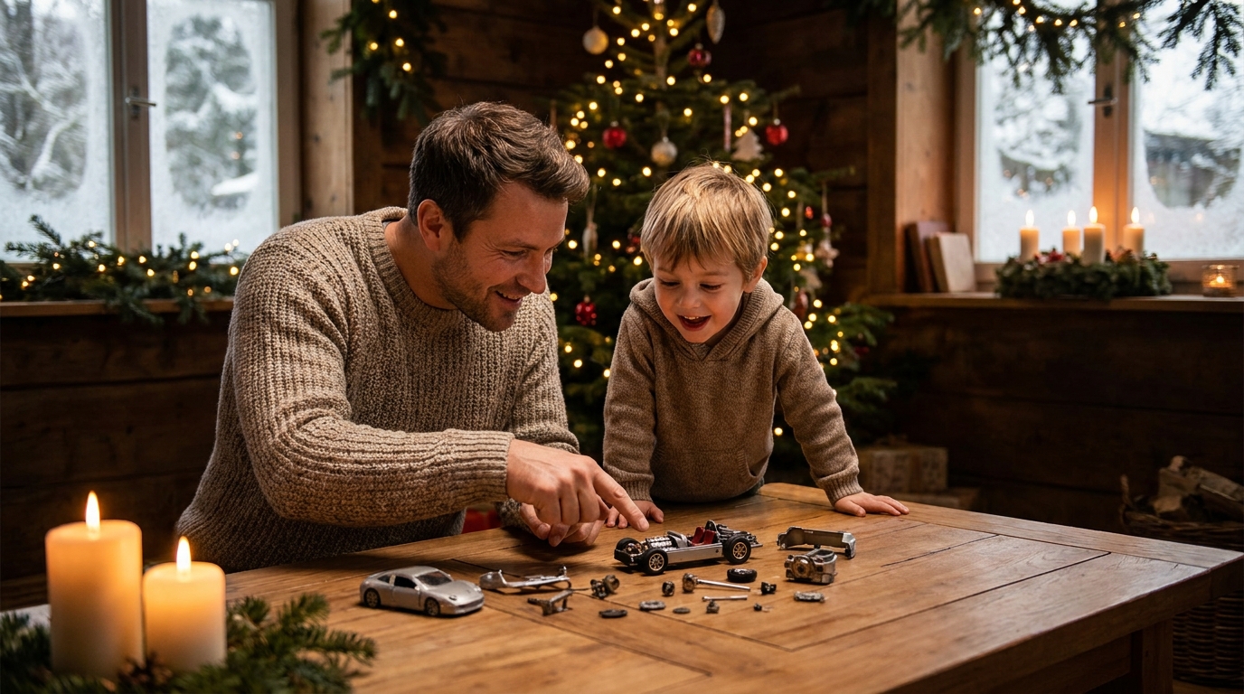 Nahaufnahme eines geöffneten FRANZIS-Adventskalenders mit Bastelmaterialien und Anleitung auf einem Schreibtisch